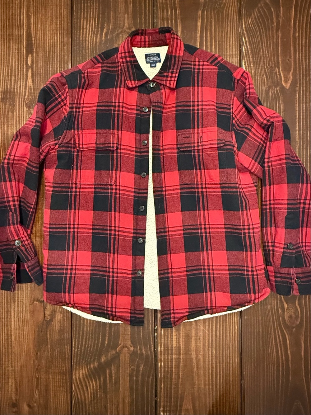 J. Crew Red & Black Plaid Sherpa-Lined Shirt Jacket